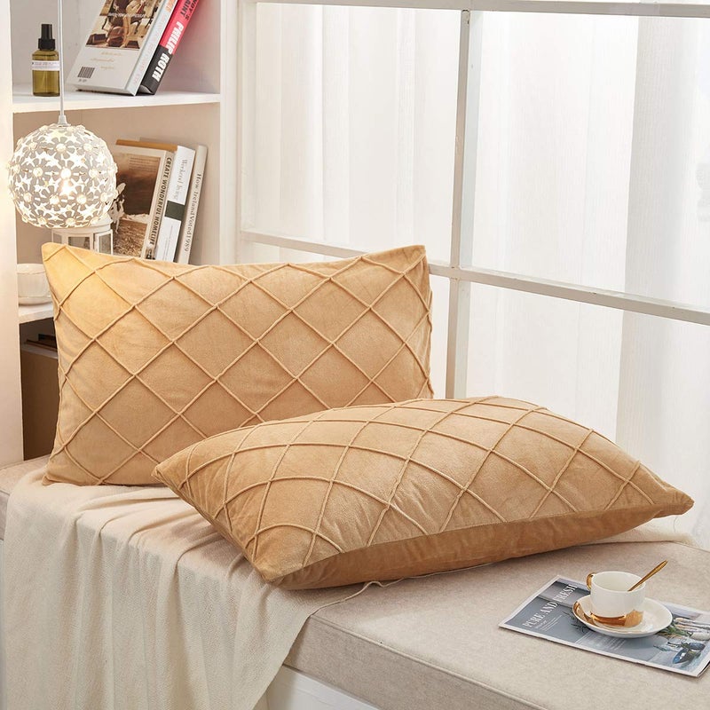 JAUXIO Diamond Pinch Pleated Crystal Velvet Pillowcases 2 Pack Solid Pintuck Throw Cushion Cover for Home Decor Hidden Zipper Closure (Camel, Standard) - Image 2